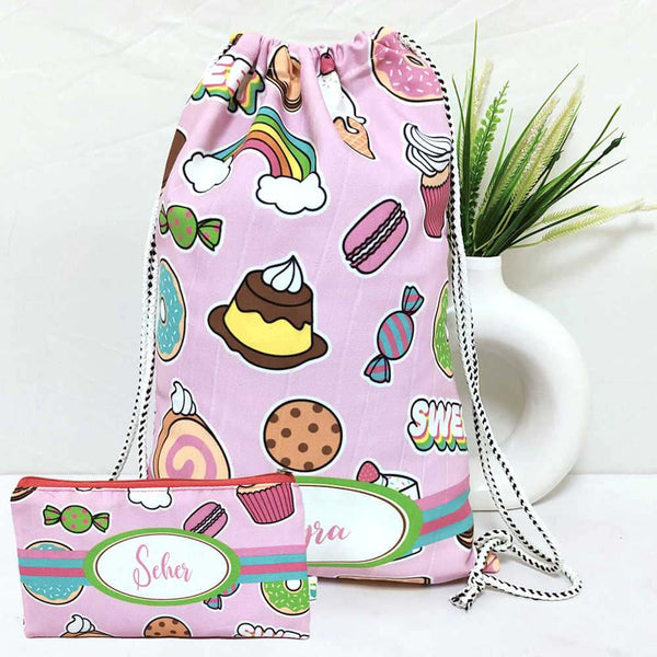 Personalised Donut Drawstring Bag & Pencil Pouch Kids Combo